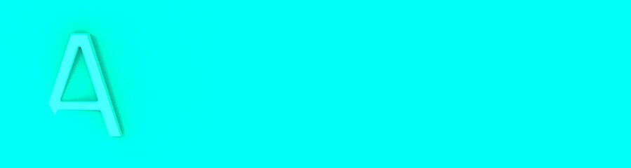 Letter A Is Aquamarine on Aquamarine background. Part of letter is immersed in background. Horizontal image. Banner for insertion into site. 3D image. 3D rendering.