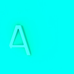 Letter A Is Aquamarine on Aquamarine background. Part of letter is immersed in background. Square image. 3D image. 3D rendering.