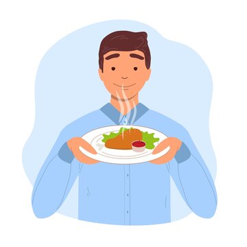 A man sniffs fresh tasty food. Vector flat illustration isolated on white background