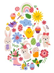 Easter card in the shape of an egg. Cute hand drawn Easter elements. vector illustration. White background, isolate.