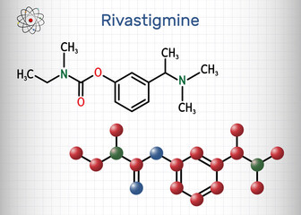 Rivastigmine molecule. It is acetylcholinesterase inhibitor, used for therapy of dementia, Alzheimer disease, Parkinson disease. Structural chemical formula, molecule model. Sheet of paper in a cage