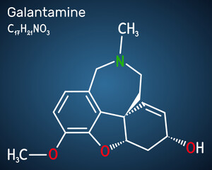 Galantamine molecule. It is tertiary alkaloid, used to trate dementia, Alzheimer's disease. Structural chemical formula on the dark blue background