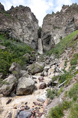 Sultan-su Waterfall, surrounded by the Caucasus Mountains near Elbrus, Jily-su, Russia