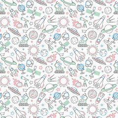 Naklejka premium Seamless pattern on the theme of space and space flight, icons drawn with colored marker on white background