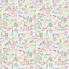 Seamless pattern with outline icons on a theme kitchen accessories and food , the colored contour on a light background