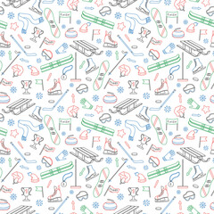 Fototapeta na wymiar Seamless pattern on the theme of winter sports, simple colored outline on a white background