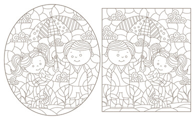 A set of contour illustrations in the style of stained glass with a boy and a girl under an umbrella, dark contours on a white background