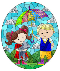 An illustration in the style of a stained glass window with a boy and a girl under an umbrella against a cloudy sky, oval image