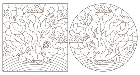 A set of contour illustrations in the style of stained glass with cute cartoon hedgehogs, dark contours on a white background