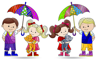 A set of illustrations in the style of stained glass with a boy and a girl under an umbrella, figures isolated on a white background