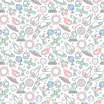 Seamless pattern on the theme of space and space flight, icons drawn with colored marker on white background