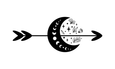 Celestial love arrow symbol. Black half moon phase stars, flowers on arrow. Valentines day symbol. Decorative romantic moon cycle graphic element isolated on white. Graphic illustration. Crescent