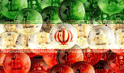 Holds a physical version of Bitcoin and the Iranian flag. Concept map of Iran's cryptocurrency and...