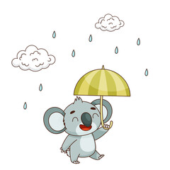Happy baby koala stands in the rain with an umbrella in his hands near the clouds and drops. Vector illustration for designs, prints and patterns. Isolated on white background