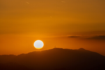 Aerial views of the city of Blanes on the Costa Brava of Gerona Maresme Barcelona European tourist town sunset beach