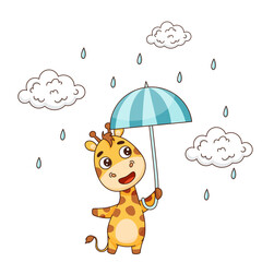 Happy baby giraffe stands in the rain with an umbrella in his hands near the clouds and drops. Vector illustration for designs, prints and patterns. Isolated on white background