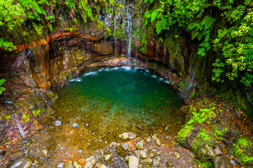 Aerial view of The 25 Fontes or 25 Springs in English from above. It's a group of waterfalls located in Rabacal, Paul da Serra on Madeira Island. Access is possible via the Levada das 25 Fontes