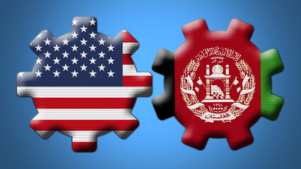 Afghanistan and USA United States of America Wheel Gears Flags – 3D Illustration