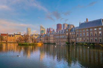 Fototapeta na wymiar Binnenhof castle (Dutch Parliament) cityscape downtown skyline of Hague in Netherlands