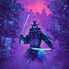 Cyberpunk urban samurai - 3D illustration of science fiction armoured robot with katana swords with futuristic city in background - 486430302