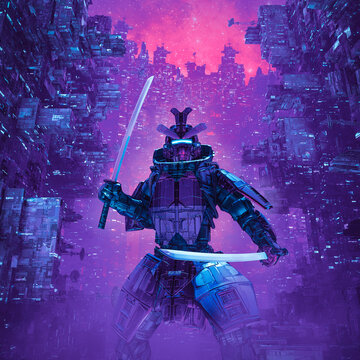 Cyberpunk urban samurai - 3D illustration of science fiction armoured robot with katana swords with futuristic city in background