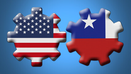 Chile and USA United States of America Wheel Gears Flags – 3D Illustration