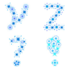 Letters Y, Z, question and exclamation marks made of snowflakes. Winter font design