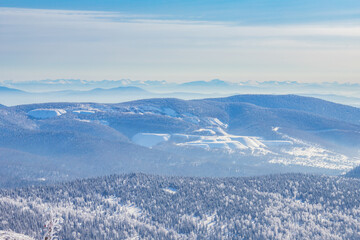 Fototapeta na wymiar Sheregesh Kemerovo region ski resort in winter, landscape on mountain aerial top view