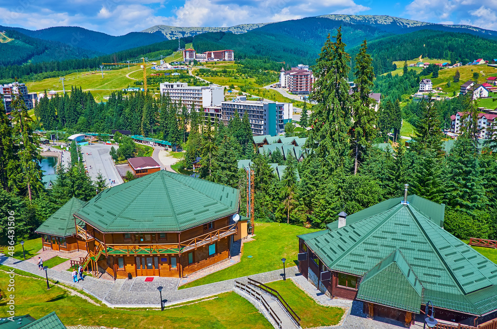 Poster Riding over the roofs of Bukovel, Carpathians, Ukraine