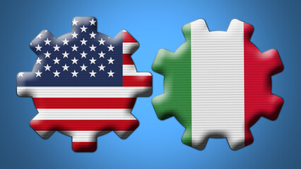 Italy and USA United States of America Wheel Gears Flags – 3D Illustration