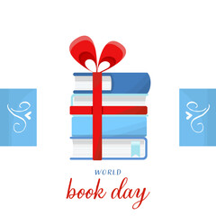 A stack of books with a red bow and decorative design. Vector graphics for a bookstore, a shop. World Book Day