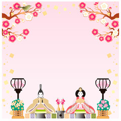 ひなまつり　ひな人形　お雛様　梅　3月　春　和風　背景　コピースペース　フレーム　シンプル　イラスト