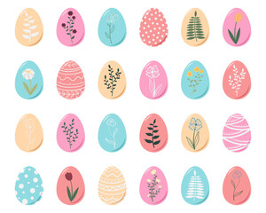 A large set of Easter eggs decorated with plants and flowers in the doodle style. Spring illustration in a flat style. Vector image