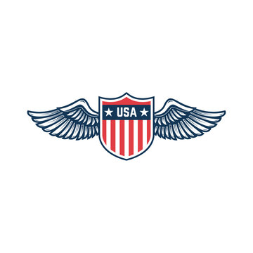 Emblem template with american flag and wings. Design element for emblem, sign, badge, logo. Vector illustration