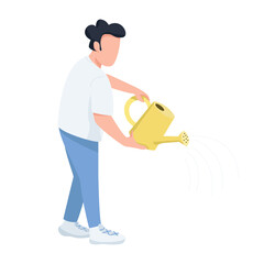 Person with watering pot semi flat color vector character. Standing figure. Full body person on white. Houseplants care simple cartoon style illustration for web graphic design and animation