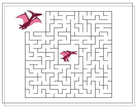 Children's logic game go through the maze. Help the baby pterodactyl to pass the maze, dinosaurs. Vector