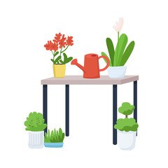 Home garden semi flat color vector object. Full sized item on white. House interior. Shelf with houseplants and watering pot simple cartoon style illustration for web graphic design and animation