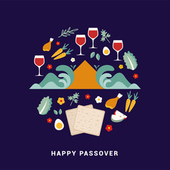 Jewish holiday Passover, Pesach, greeting card with traditional icons. matzo, Egypt pyramids, flowers and leaves, Passover symbols and icons. Vector illustration