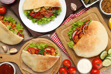 Concept of cooking pita with chicken on wooden background