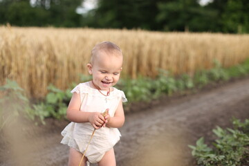 Little happy girl runs along the dusty road of a wheat field