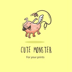 Vector card with cute cartoon monster. Funny fictional animal . Doodle line art creature print. Childrens fairy tale poster.