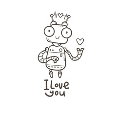 Valentine's day vector card with cute cartoon robot. Cheerful character in love. Doodle cartoon print.
