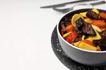 Concept of tasty food with beef with vegetables, space for text