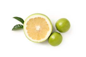 Limes with leaves on white background, top view