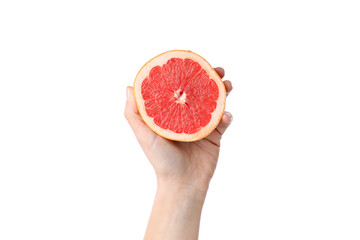 Female hand holds half of grapefruit, isolated on white background