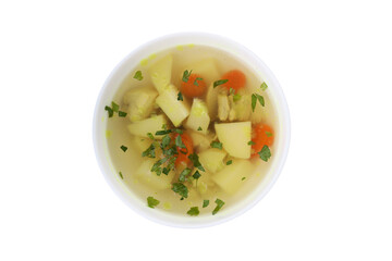 Plate with chicken soup isolated on white background