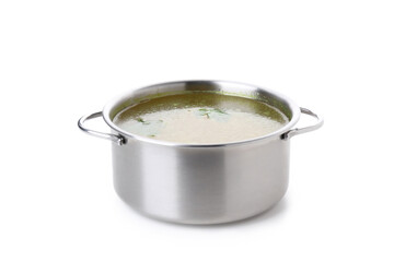 Pan with chicken soup or broth isolated on white background
