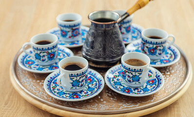 Turkish coffee many cups on the table. Selective focus.