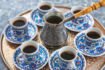 Turkish coffee many cups on the table. Selective focus.