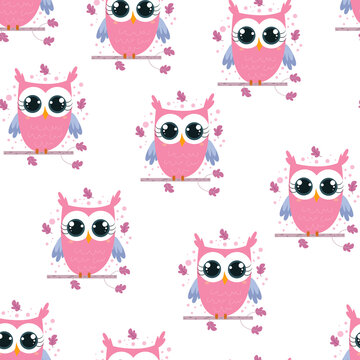 Seamless pattern with pink owl vector